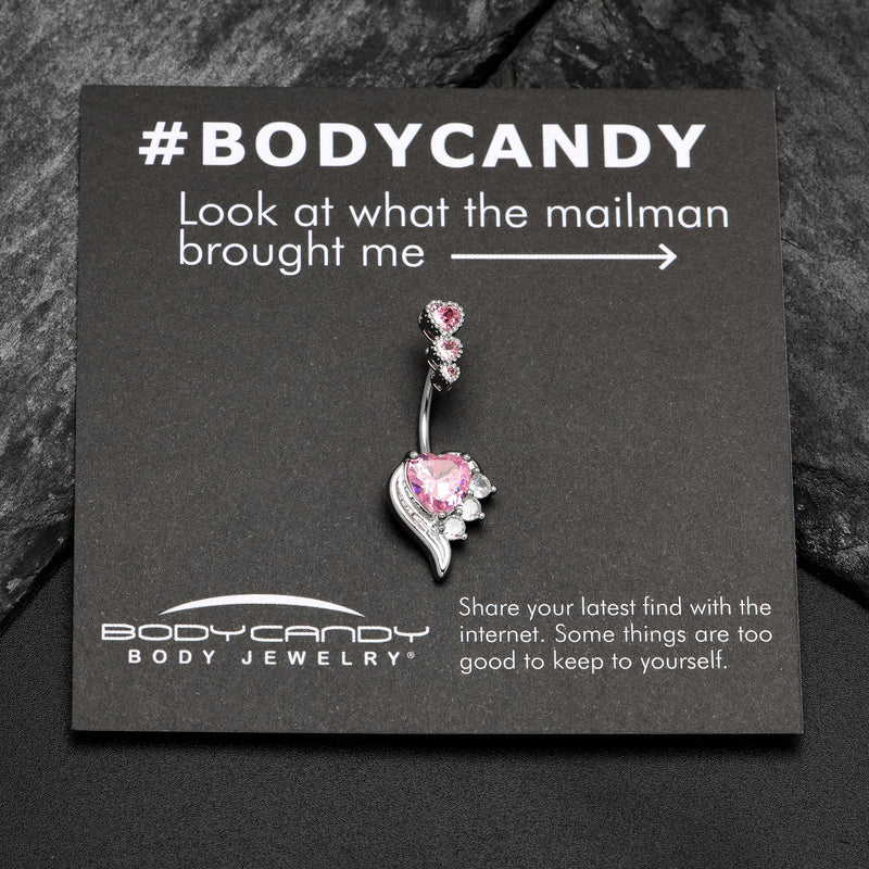 Pink CZ Gem Triple Drop Flare Heart Valentine Double Mount Belly Ring