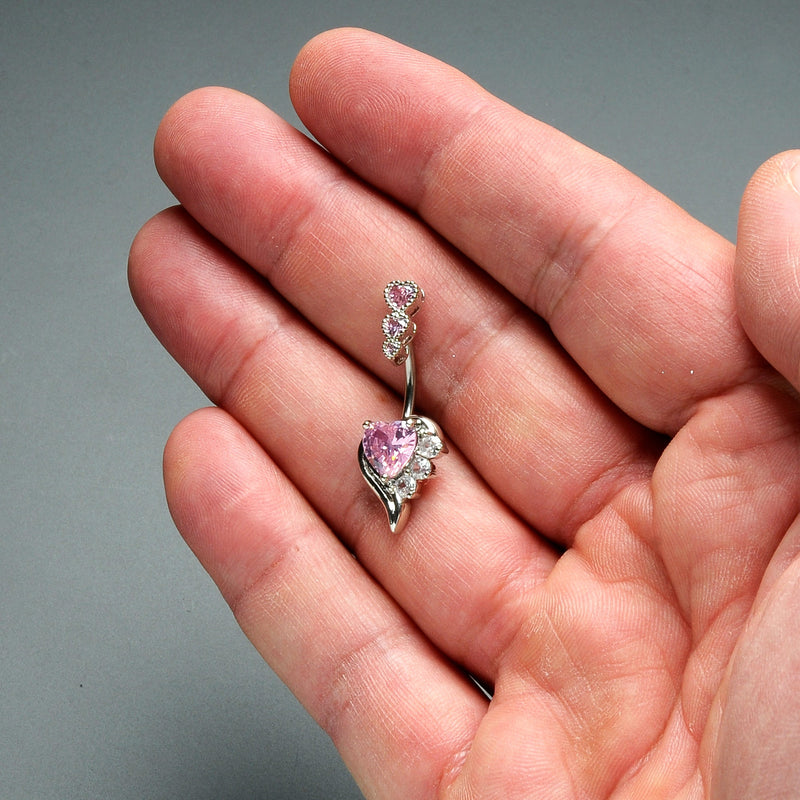 Pink CZ Gem Triple Drop Flare Heart Valentine Double Mount Belly Ring