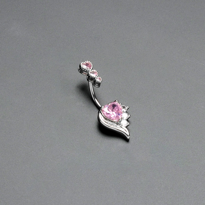 Pink CZ Gem Triple Drop Flare Heart Valentine Double Mount Belly Ring