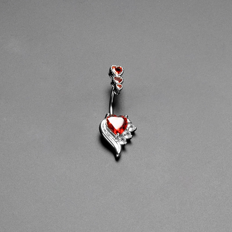 Red CZ Gem Triple Drop Flare Heart Valentine Double Mount Belly Ring