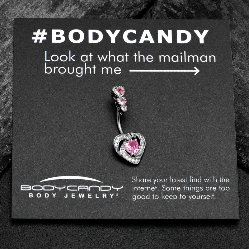 Pink CZ Gem Triple Drop Swirl Heart Valentine Double Mount Belly Ring