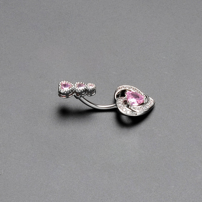 Pink CZ Gem Triple Drop Swirl Heart Valentine Double Mount Belly Ring