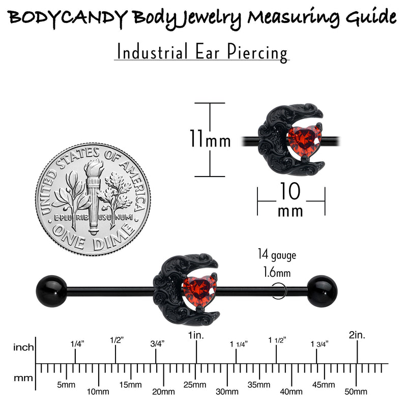 14G Red CZ Gem Black Scroll Moon Heart Industrial Barbell 38mm