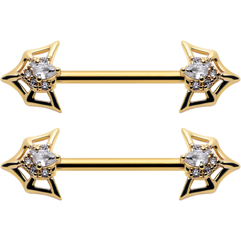 14G 5/8 Clear Gem Gold Tone Spider Bat Barbell Nipple Ring Set