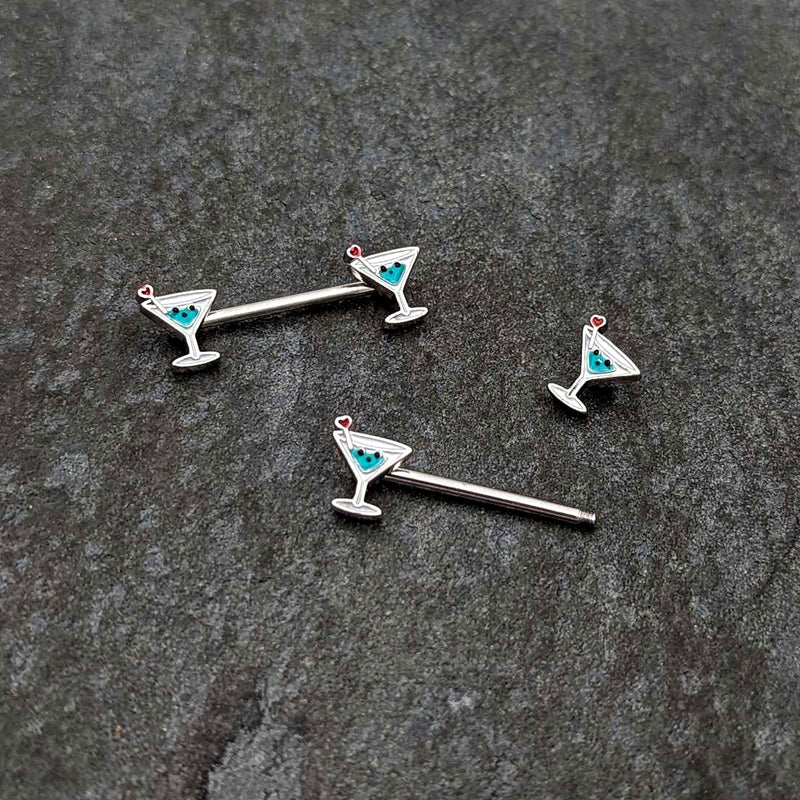 14G 9/16 Sweet Martini Glass Heart Barbell Nipple Ring Set