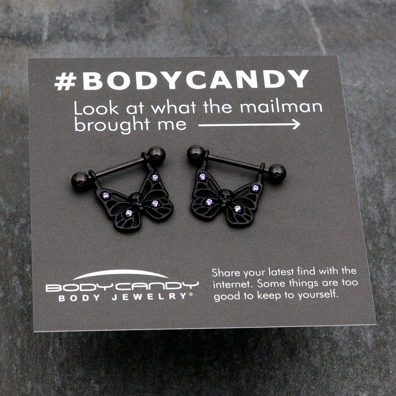 14G 11/16 Purple CZ Gem Black Skull Butterfly Dangle Nipple Ring Set