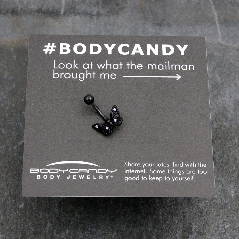 Purple CZ Gem Black Skull Butterfly Belly Ring