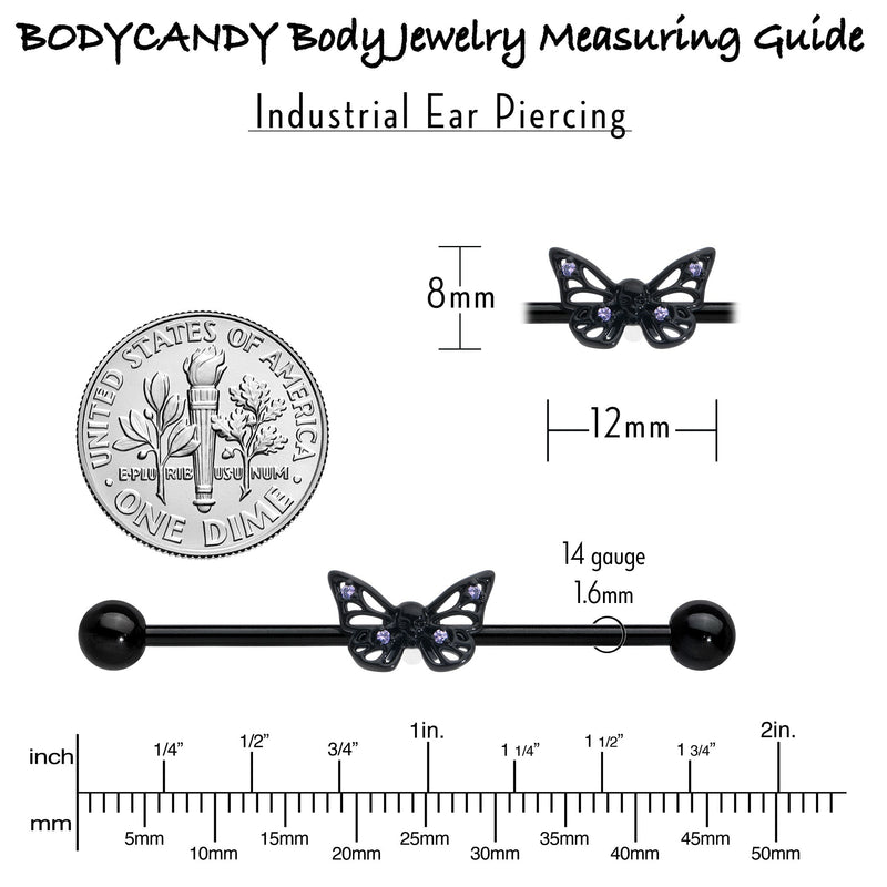 14G Purple CZ Gem Black Skull Butterfly Industrial Barbell 38mm