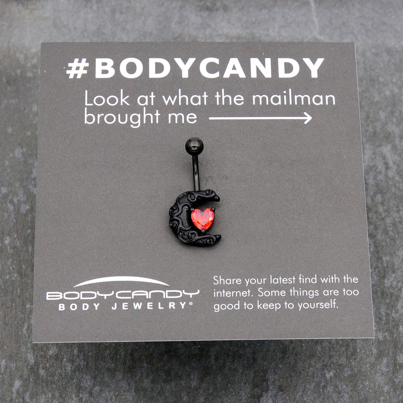 Red CZ Gem Black Scroll Moon Heart Belly Ring