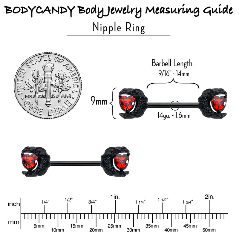 14G 9/16 Red CZ Gem Black Scroll Moon Heart Barbell Nipple Ring Set