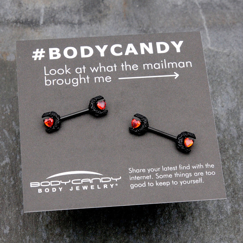 14G 9/16 Red CZ Gem Black Scroll Moon Heart Barbell Nipple Ring Set