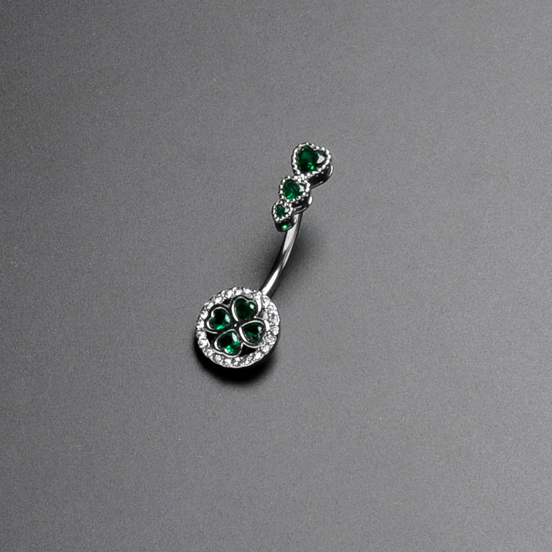 Green Clear Gem Triple Drop Heart Shamrock Double Mount Belly Ring