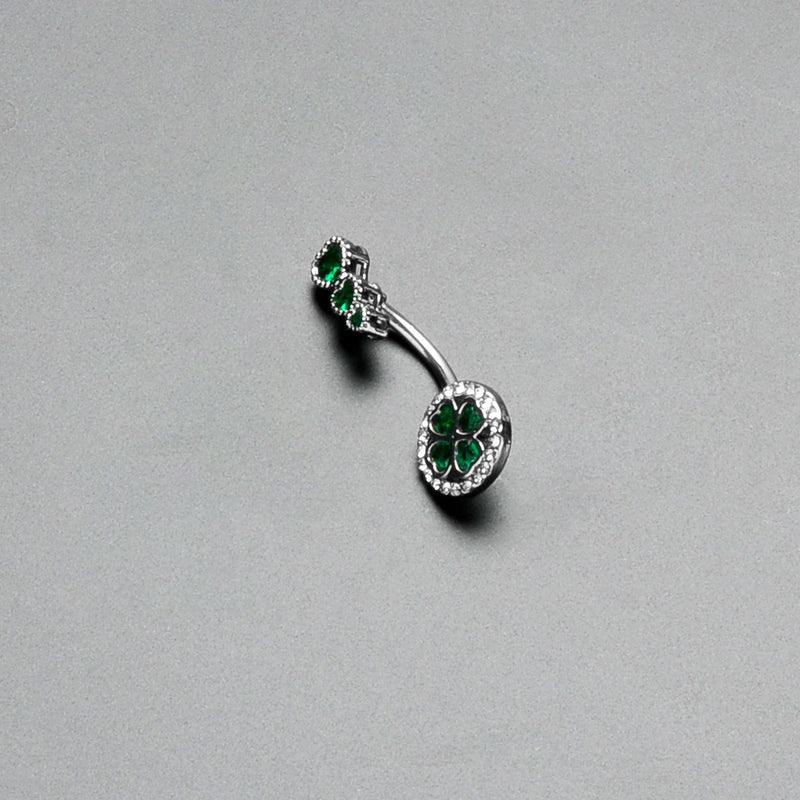 Green Clear Gem Triple Drop Heart Shamrock Double Mount Belly Ring