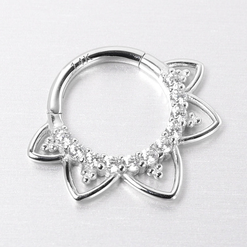 16G 5/16 Clear CZ Gem 14k White Gold Filigree Hinged Segment Ring
