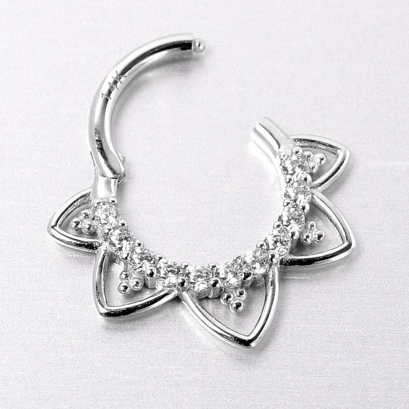 16G 5/16 Clear CZ Gem 14k White Gold Filigree Hinged Segment Ring
