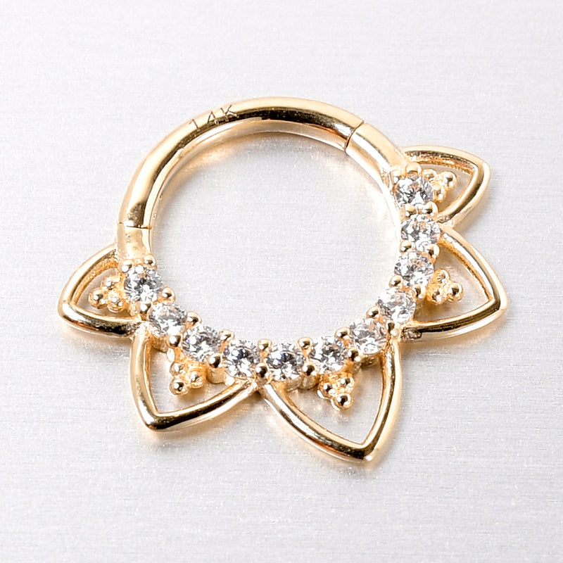16G 5/16 Clear CZ Gem 14k Yellow Gold Filigree Hinged Segment Ring