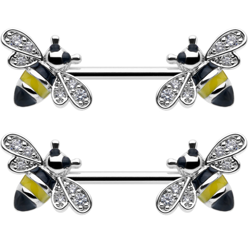 14G 9/16 Clear CZ Gem Honey Bees Barbell Nipple Ring Set