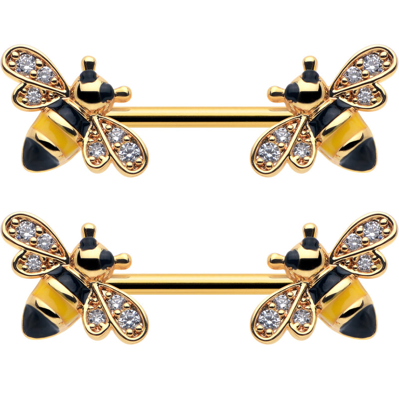 14G 9/16 Clear CZ Gem Gold Hue Honey Bees Barbell Nipple Ring Set