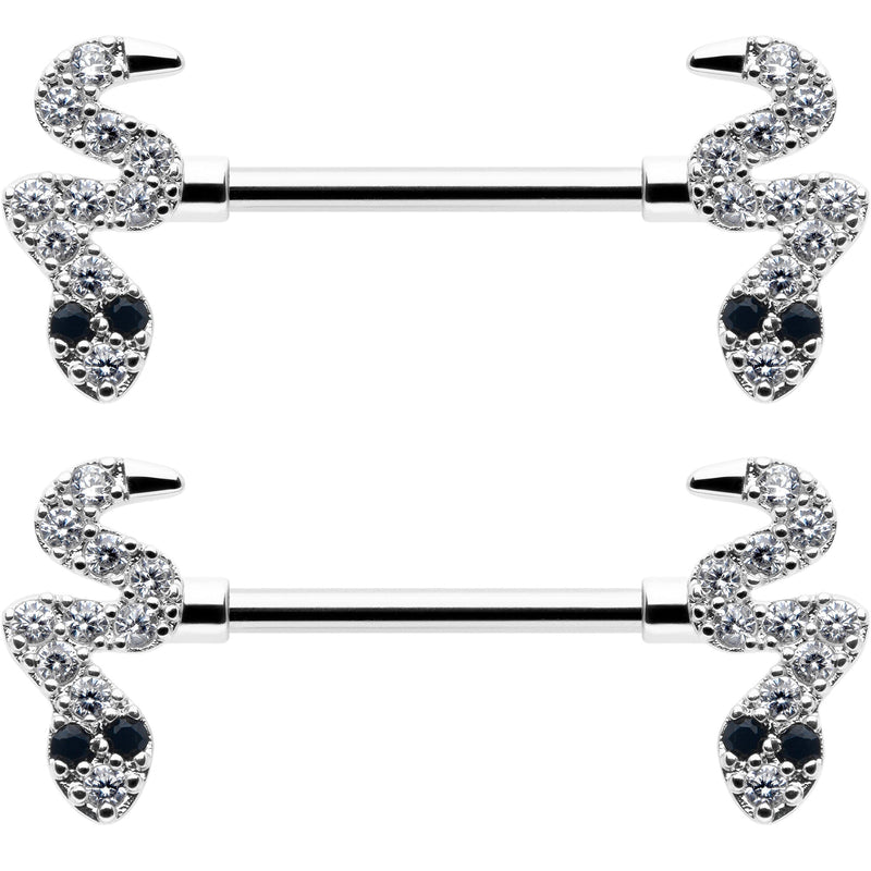 14G 9/16 Clear Black CZ Gem Sexy Snakes Barbell Nipple Ring Set
