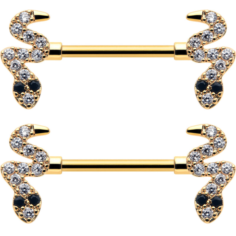 14G 9/16 Clear Black CZ Gem Gold Tone Sexy Snakes Nipple Ring Set