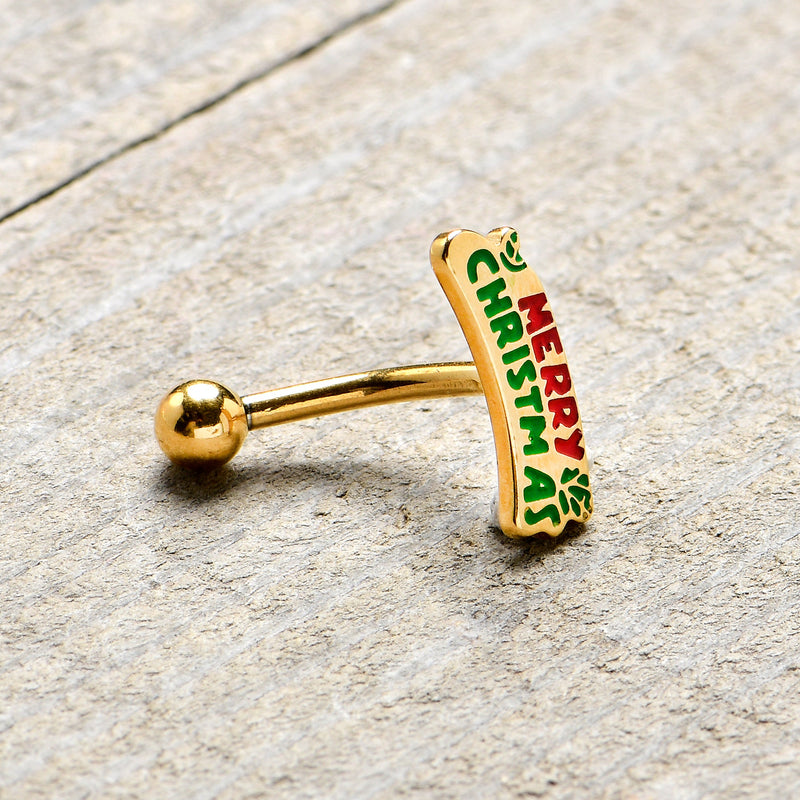 16G 5/16 Gold Tone Merry Christmas Inlay Curved Barbell Ring
