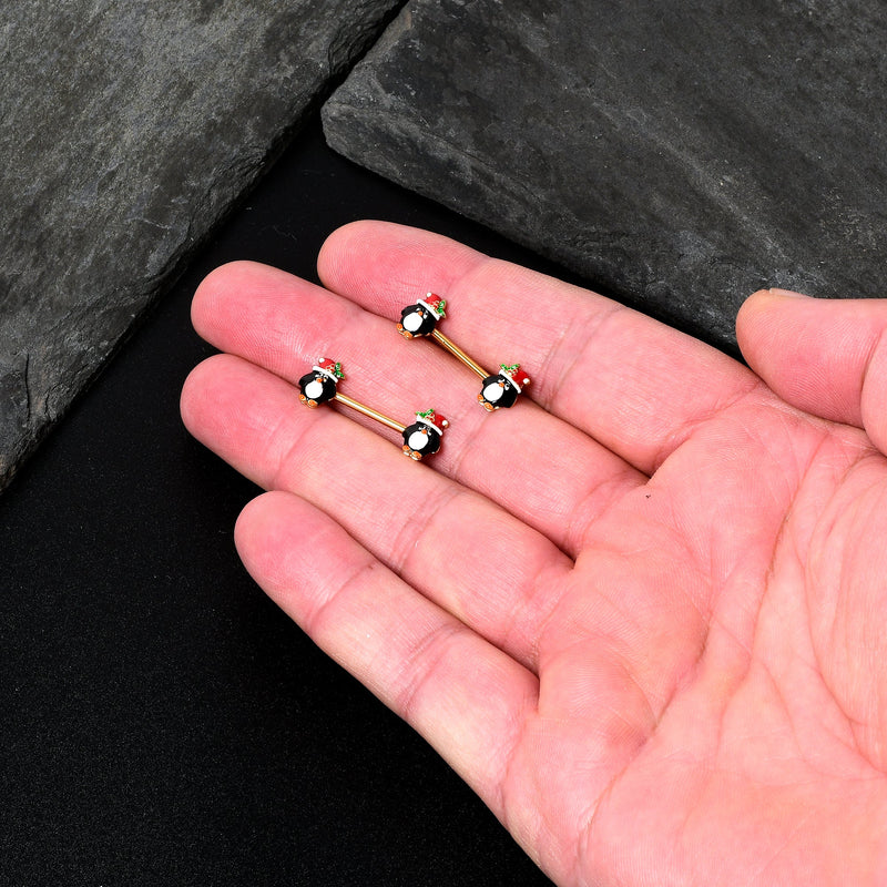 14G 9/16 Gold Tone Holly Hat Penguin Barbell Nipple Ring Set