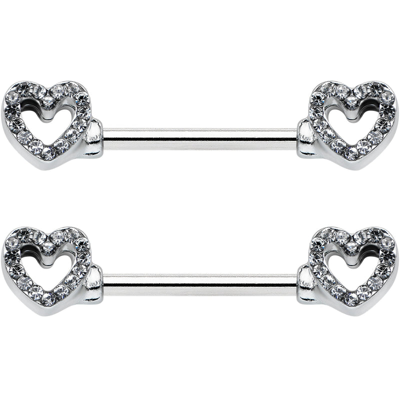 14G 9/16 Clear Gem Open Heart Valentine Barbell Nipple Ring Set