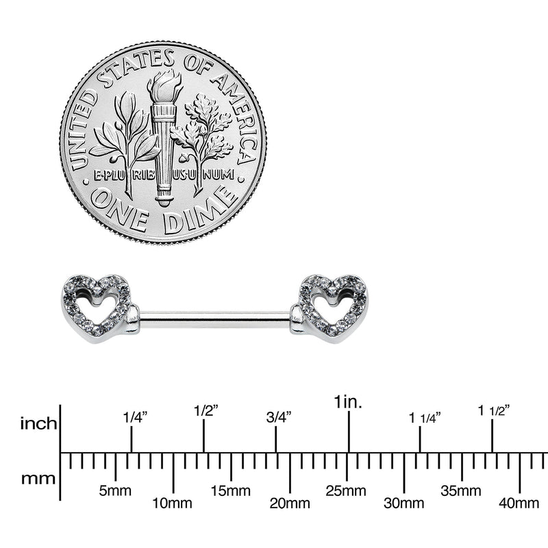 14G 9/16 Clear Gem Open Heart Valentine Barbell Nipple Ring Set