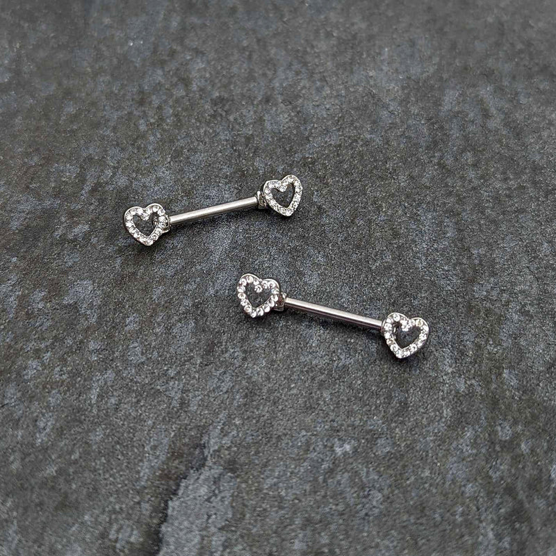 14G 9/16 Clear Gem Open Heart Valentine Barbell Nipple Ring Set