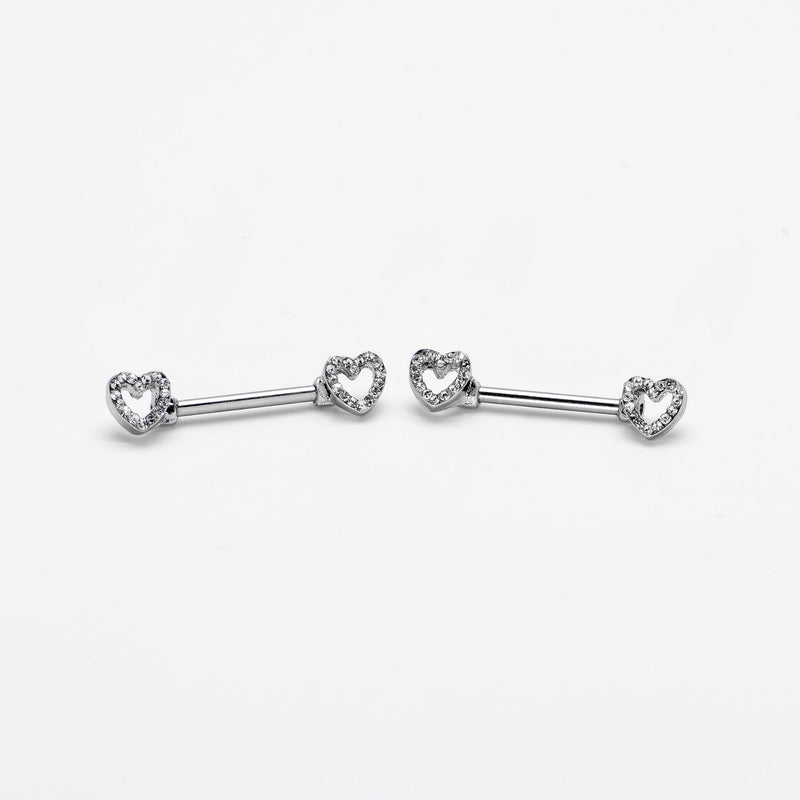 14G 9/16 Clear Gem Open Heart Valentine Barbell Nipple Ring Set