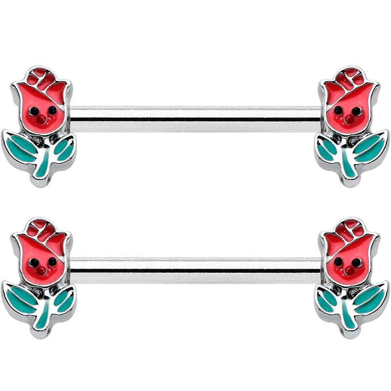 14G 9/16 Sweet Happy Rose Flower Barbell Nipple Ring Set