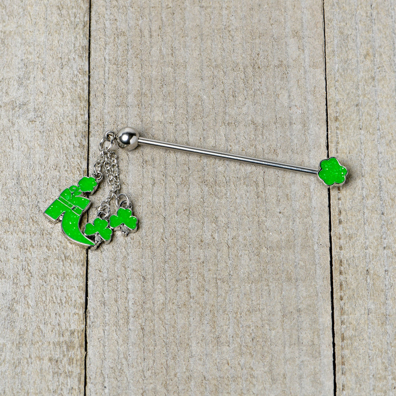 14G Glow in Dark Leprechaun Boot Dangle Industrial Barbell 38mm