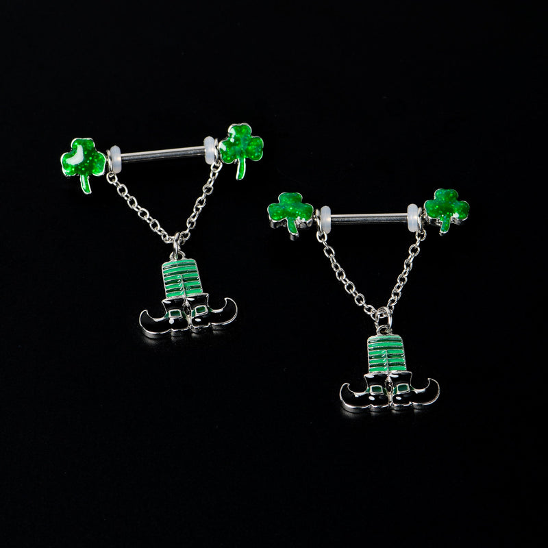 14G 11/16 Leprechaun Legs Shamrock Chain Dangle Nipple Ring Set