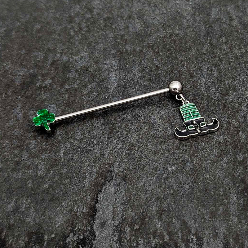14G Leprechaun Legs Shamrock Dangle Industrial Barbell 38mm