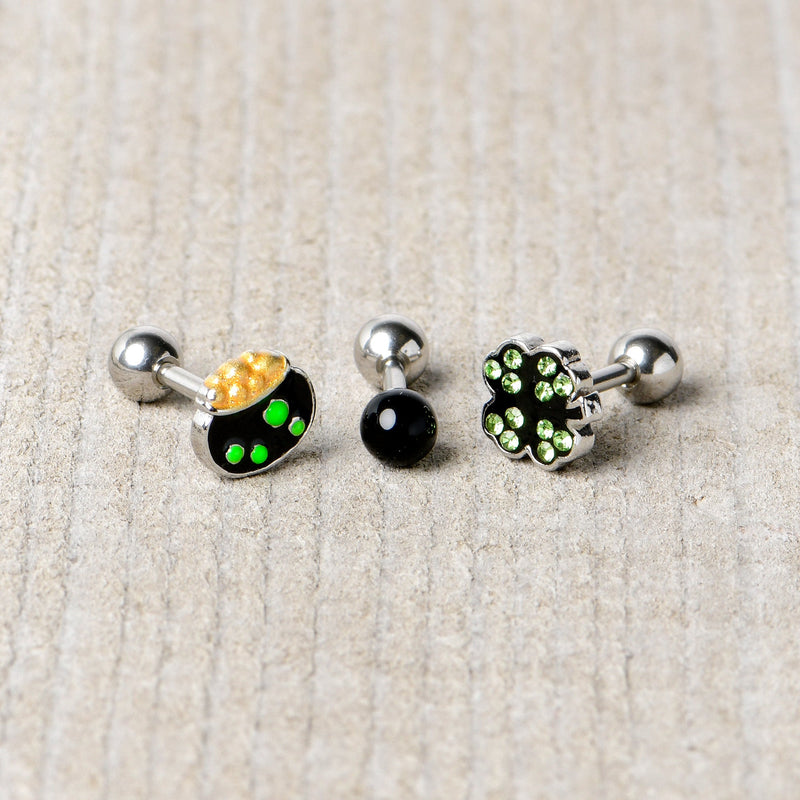 16G 1/4 Green Gem  Shamrock Pot of Gold Cartilage Earring Curation Set of 3