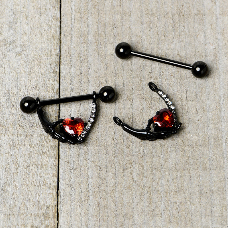 14G 11/16 Red Clear CZ Gem Heart Claw Hand Dangle Nipple Ring Set