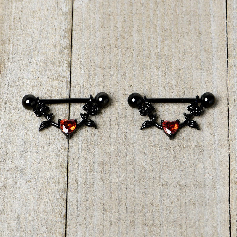 14G 11/16 Red CZ Gem Black Heart Flower Dangle Nipple Ring Set