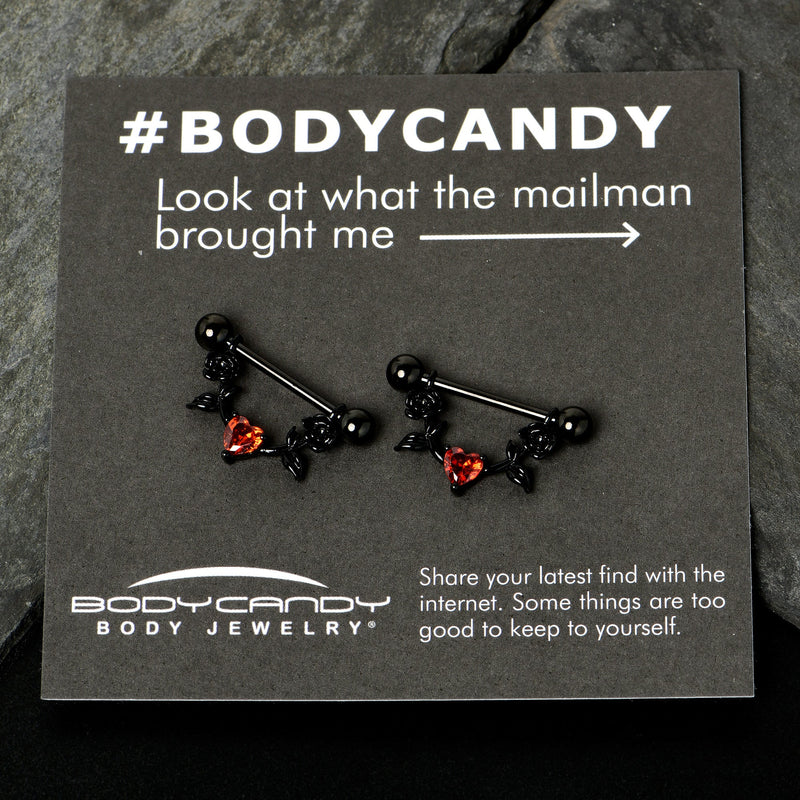 14G 11/16 Red CZ Gem Black Heart Flower Dangle Nipple Ring Set