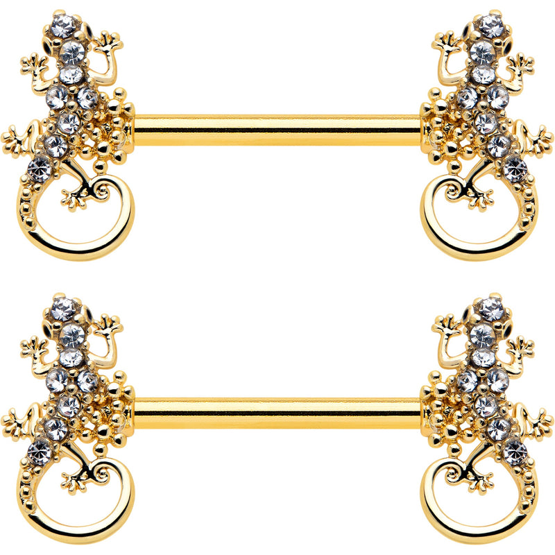 14G 9/16 Clear Gem Gold Hue Luscious Lizard Barbell Nipple Ring Set