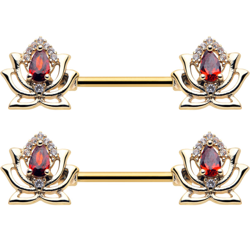 14G 9/16 Red Gem Gold Tone Royal Lotus Barbell Nipple Ring Set