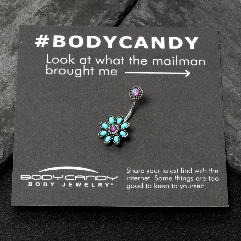 Blue Faux Opal Flower Teal Petals Double Mount Belly Ring