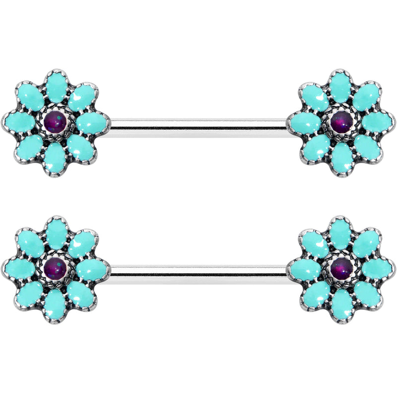 14G 9/16 Blue Faux Opal Flower Teal Petals Barbell Nipple Ring Set