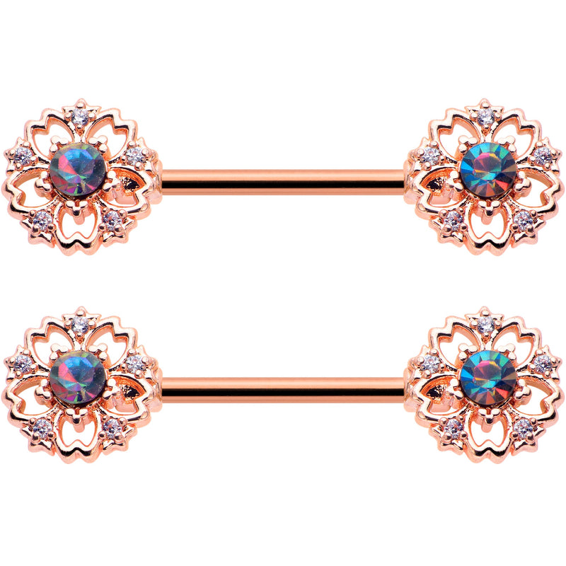 14G 9/16 Vitrail Gem Rosy Hue Flower Barbell Nipple Ring Set