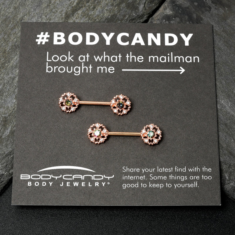 14G 9/16 Vitrail Gem Rosy Hue Flower Barbell Nipple Ring Set