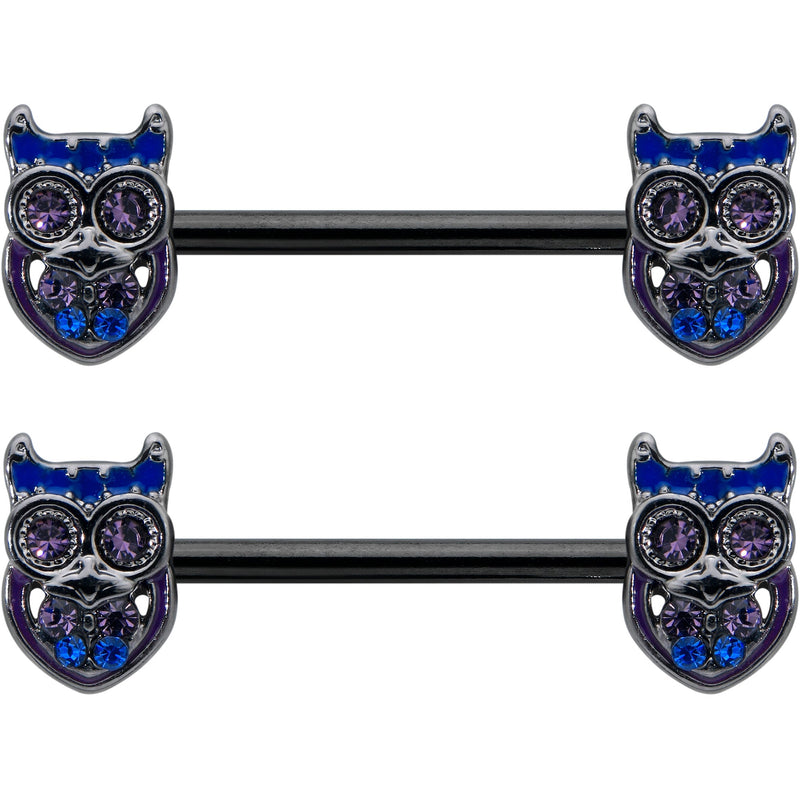 14G 9/16 Purple Blue Gem Black Opulent Owl Barbell Nipple Ring Set