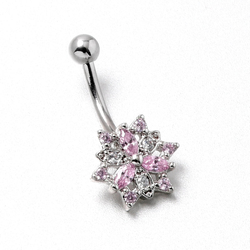 16G 5/16 Pink Clear CZ Gem Snowflake Style Curved Eyebrow Ring