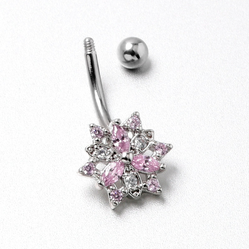 16G 5/16 Pink Clear CZ Gem Snowflake Style Curved Eyebrow Ring