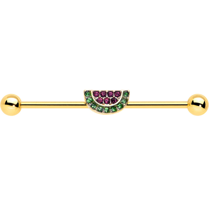 14G Pink Green Gem Gold Hue Watermelon Yum Industrial Barbell 38mm