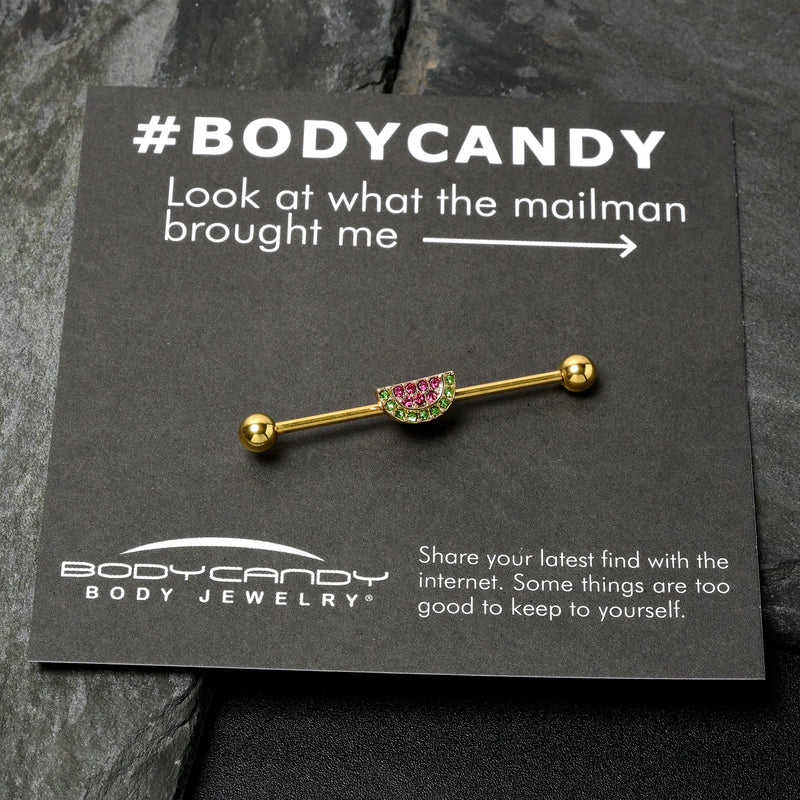 14G Pink Green Gem Gold Hue Watermelon Yum Industrial Barbell 38mm