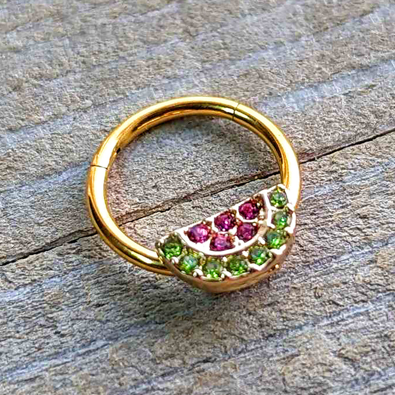 16G 3/8 Pink Green Gem Gold Hue Watermelon Yum Hinged Segment Ring